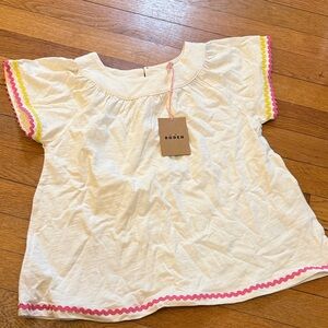 Boden White Short Sleeve Top with Pink & Yellow Rickrack